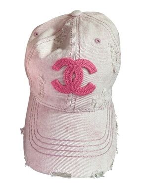 CHANEL Light Pink Distressed Cap with Hot Pink CC Patch